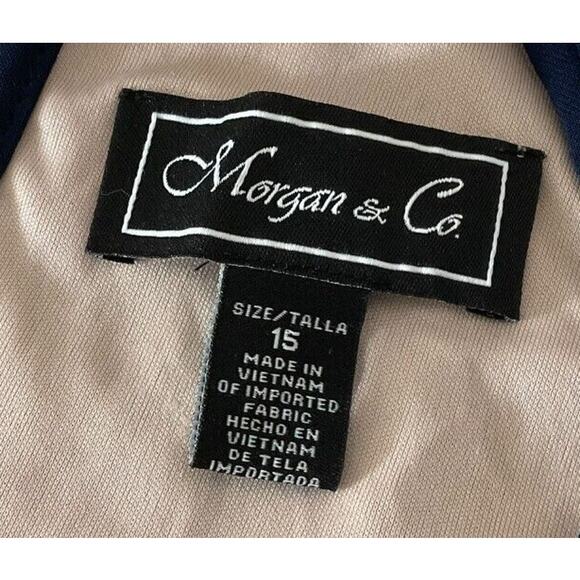 Morgan & Co Navy Blue Formal Gown Lace Bodice Sequins Halter Neck Keyhole Front - Picture 3 of 14
